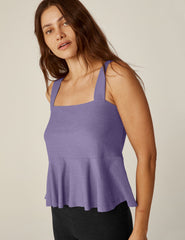 purple square neck peplum tank.