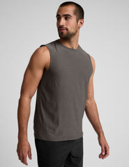 brown sleeveless mens muscle tank top with a ribbed collar.