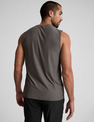 brown sleeveless mens muscle tank top with a ribbed collar.