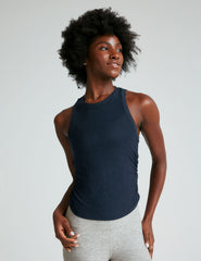 blue scoop neck shirred tank top.
