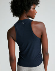 blue scoop neck shirred tank top.