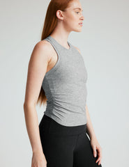 gray scoop neck tank top with shirring details down the sides.