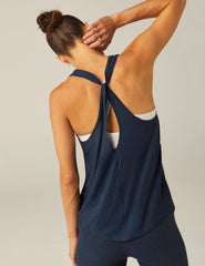 blue high scoop neck racerback tank top with a back keyhole with draping detail