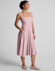 pink square neck midi dress with pockets.
