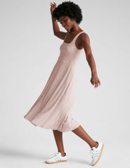 cream sleeveless midi loose fitting dress with square neckline and pockets