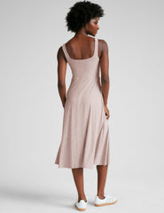 cream sleeveless midi loose fitting dress with square neckline and pockets
