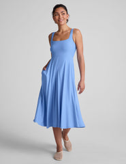 blue square neck midi length tank dress with pockets.