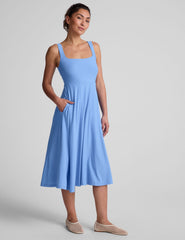 blue square neck midi length tank dress with pockets.