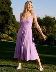 purple midi length square neck dress.