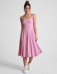 pink square neck tank midi length dress.