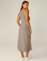 brown midi square neck dress with a front side slit.