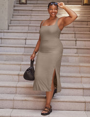 brown midi square neck dress with a front side slit.