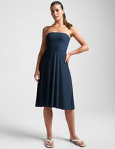 blue strapless midi dress with pockets.