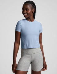 blue crew neck cropped top.