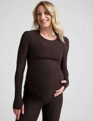 brown long sleeve crew neckline maternity top with thumb holes.