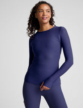 blue long sleeve top with a crew neckline.