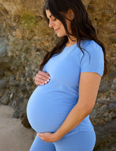 blue short sleeve maternity top.