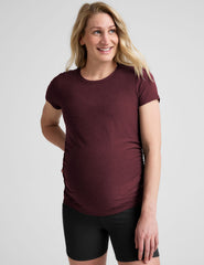 red short sleeve maternity crew neck top.