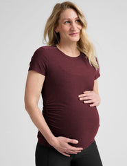 red short sleeve maternity crew neck top.