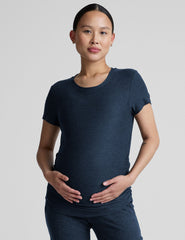 blue crew neck short sleeve maternity top.