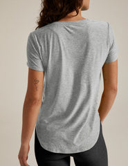 silver short sleeve t-shirt.