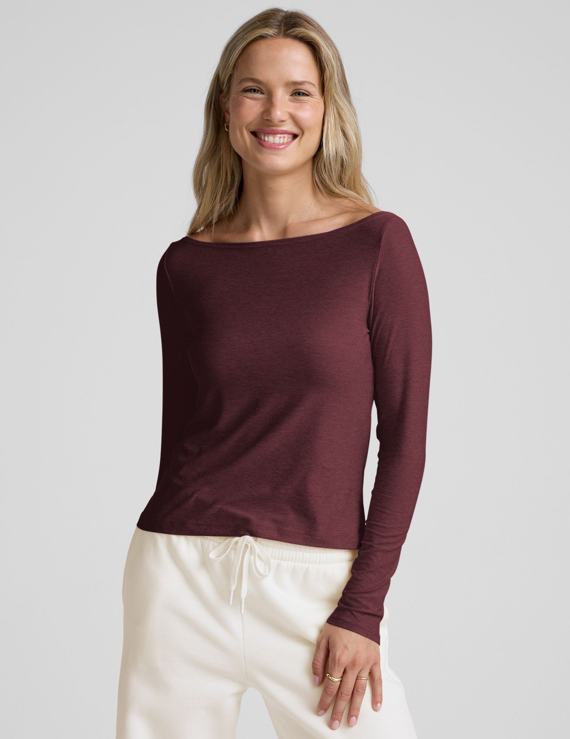red boat neck long sleeve lightweight top.