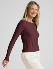 red boat neck long sleeve lightweight top.