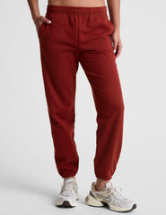 red fleece jogger sweatpants.