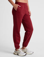 red fleece jogger sweatpants.