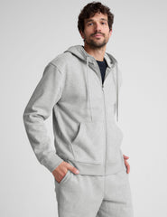 gray zip-up hooded jacket with pockets.