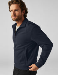 blue quarter zip men's pullover with a front pocket.