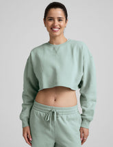 model wearing a light blue boxy fit cropped sweatshirt and fleece pants on a plain background.