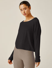 black wide scoop neck long sleeve sweater.
