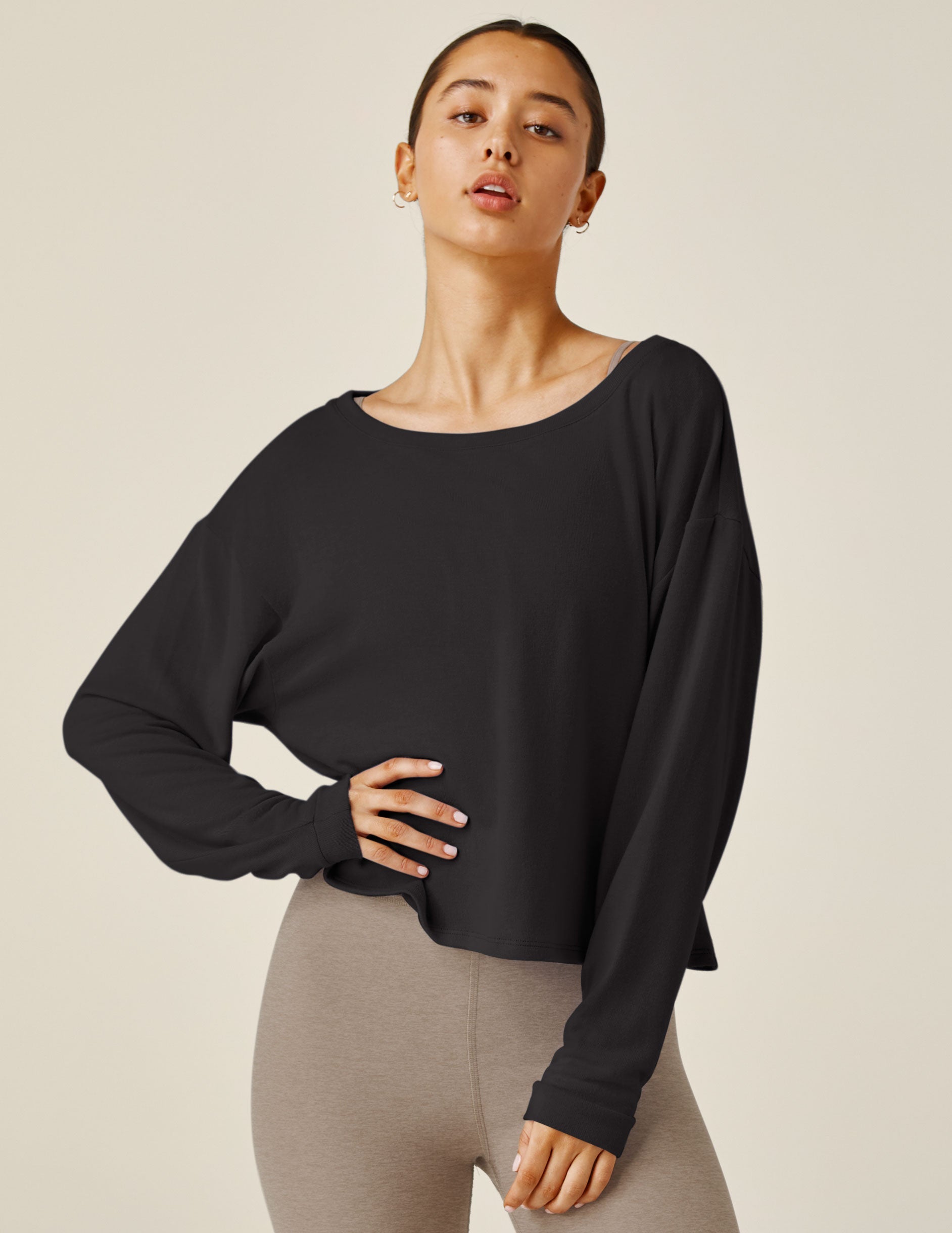 black wide scoop neck long sleeve sweater.