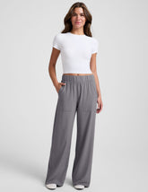 grey wide leg pants with pockets.