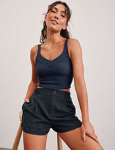 blue 4" inseam shorts with an elastic waistband with belt loops and side seam pockets.