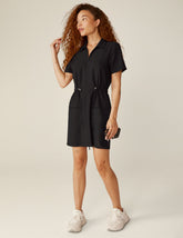 black zip-up mini cargo style dress.