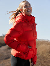red hooded button & zip-up puffer jacket with pockets.