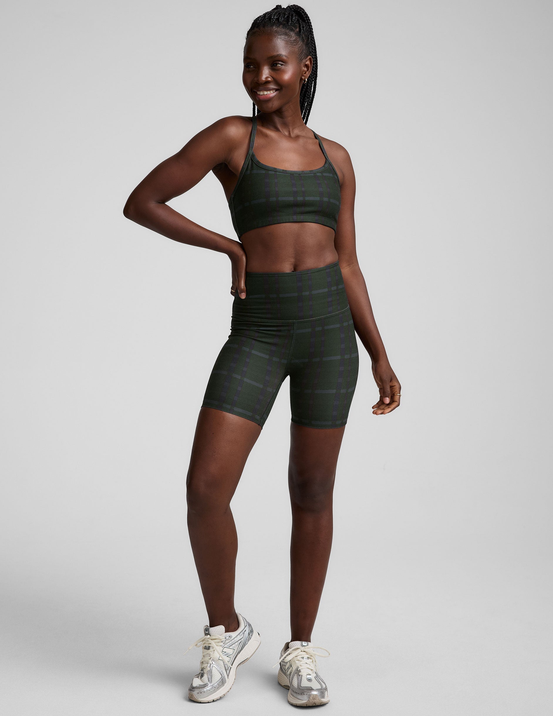 green plaid printed high-waisted 5" inseam biker short.