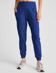 blue midi length joggers with side pockets.