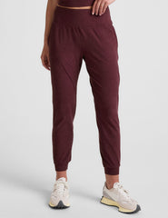 red midi length joggers with pockets.