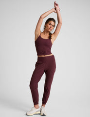 red midi length joggers with pockets.