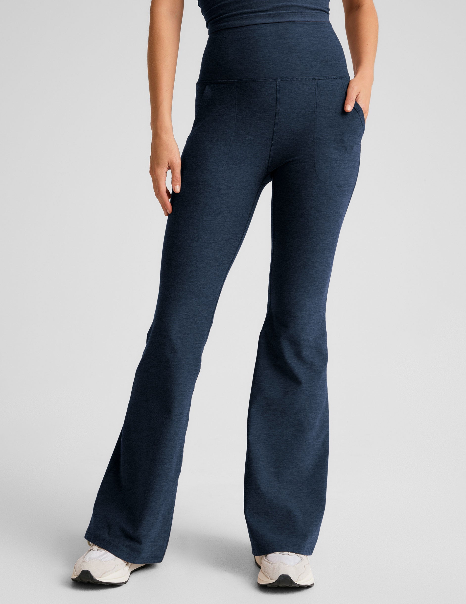 blue flare pant with pockets at sides
