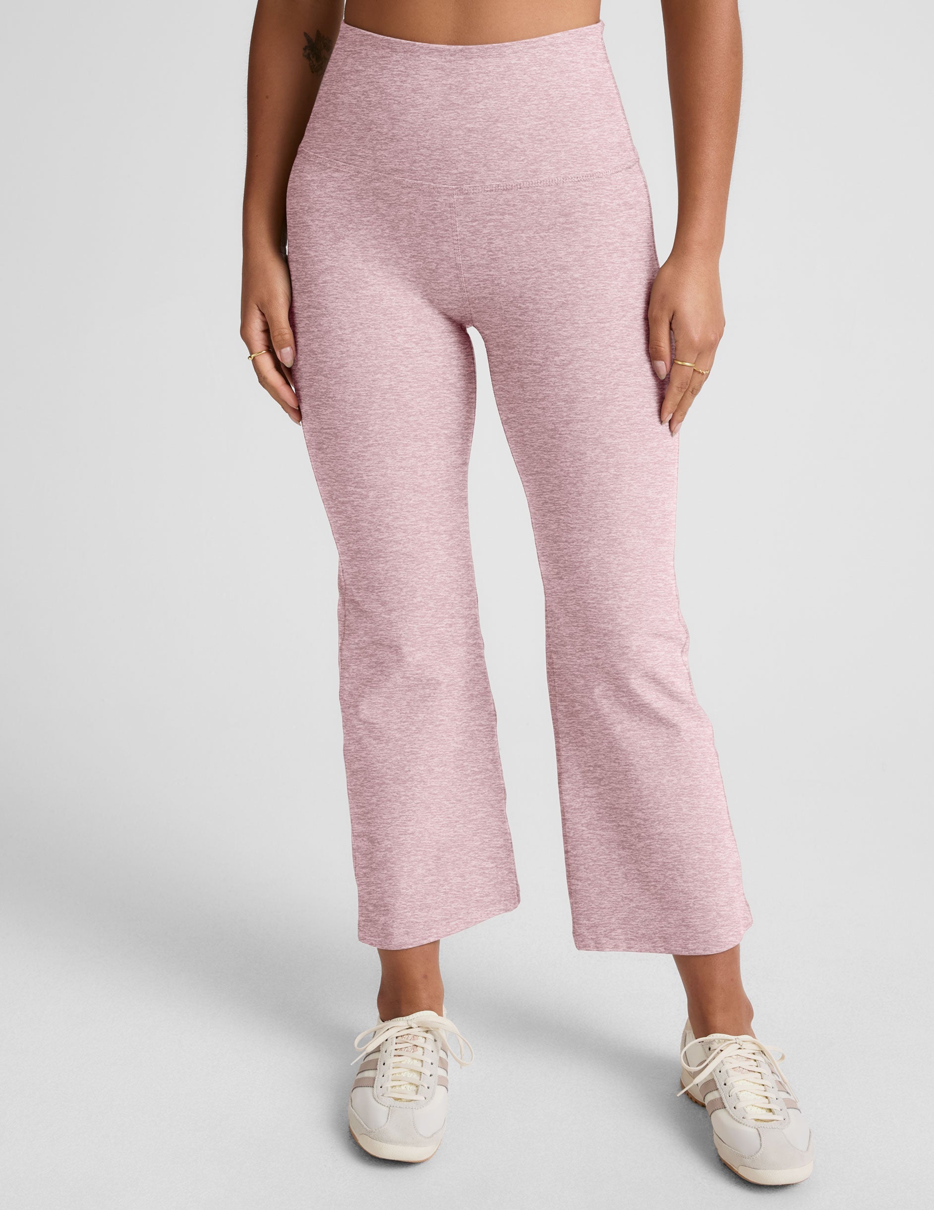 pink high-waisted cropped flare pant.
