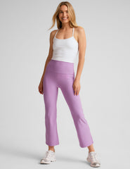 purple high-waisted flare cropped pants.