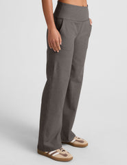 grey high-waisted wide leg pants with pockets.