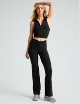 black midi flare pant with criss cross front detail