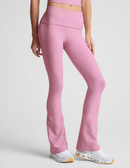 pink bootcut pants with a foldover waistband.