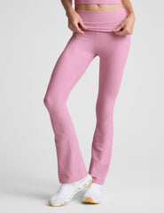 pink bootcut pants with a foldover waistband.