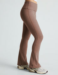 brown high-waisted bootcut flare leggings with a foldover waistband.